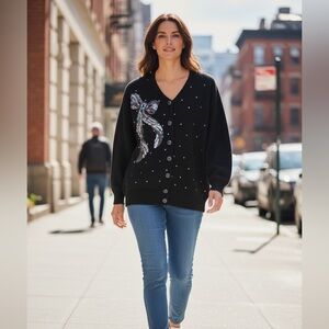 Vintage 80-90s E.M.T. Silk Angora Rabbit Hair Sweater Sequins Beads Black Size M